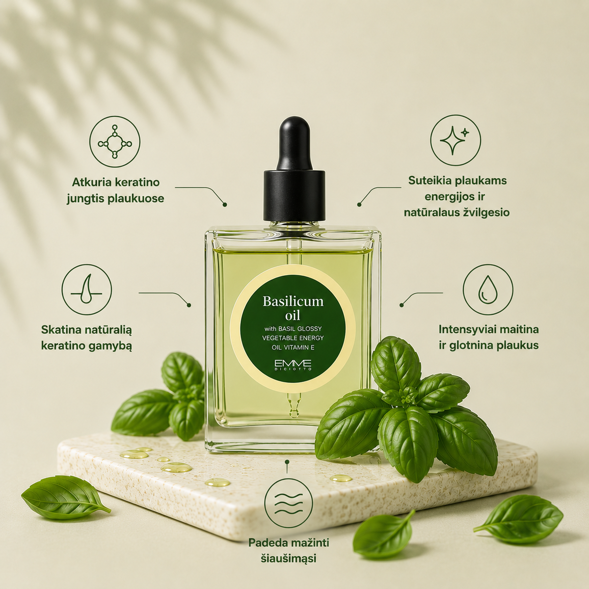 Bazilikų plaukų aliejus – 100 ml buteliukas